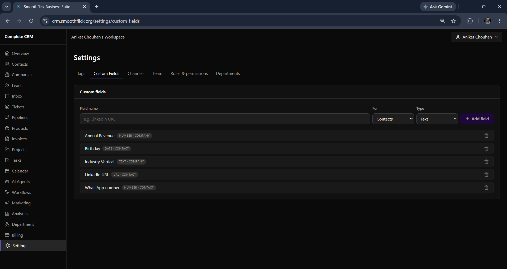 Settings main panel